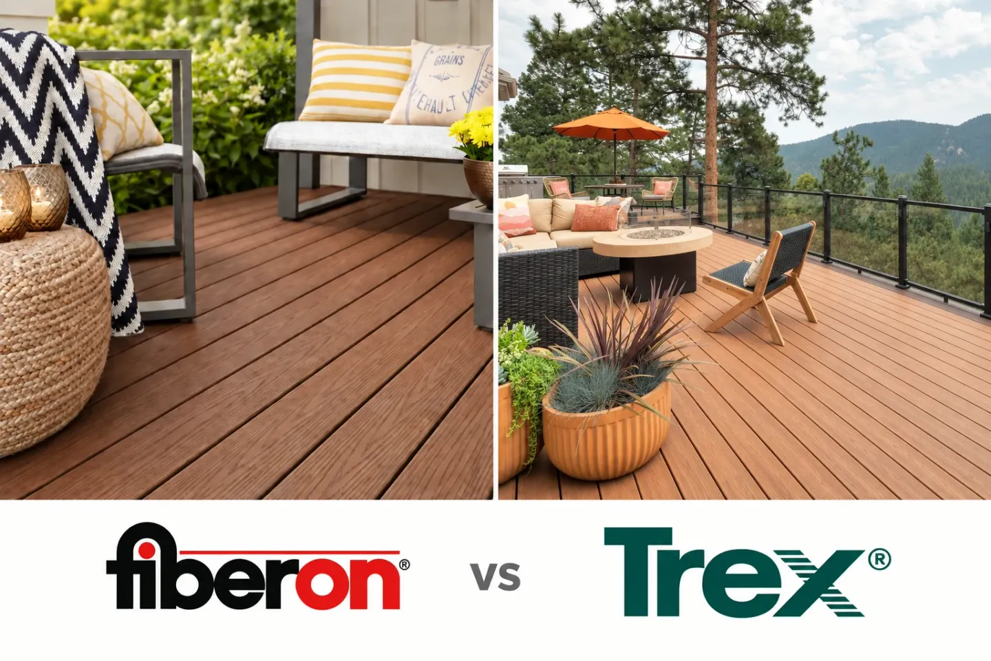 Illustrated comparison of Fiberon and Trex decks, with each brand’s logo below its side.