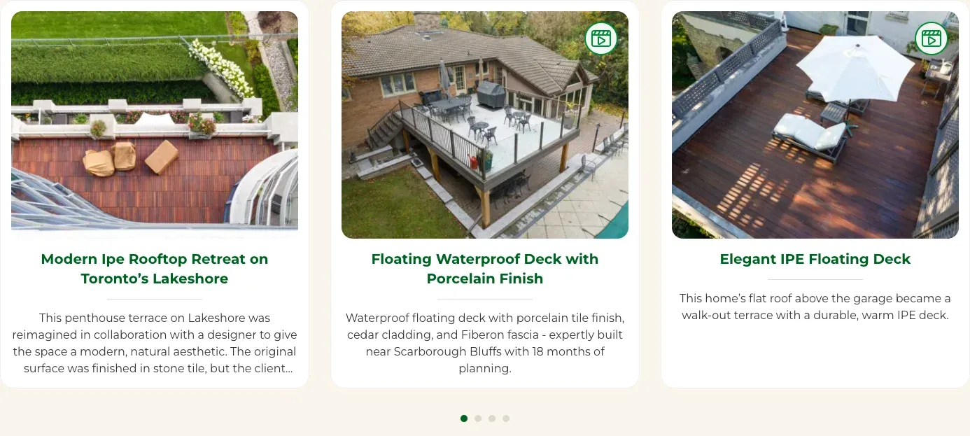 Three Delta Decks project cards showing an Ipe rooftop terrace, a raised waterproof deck, and an Ipe floating deck