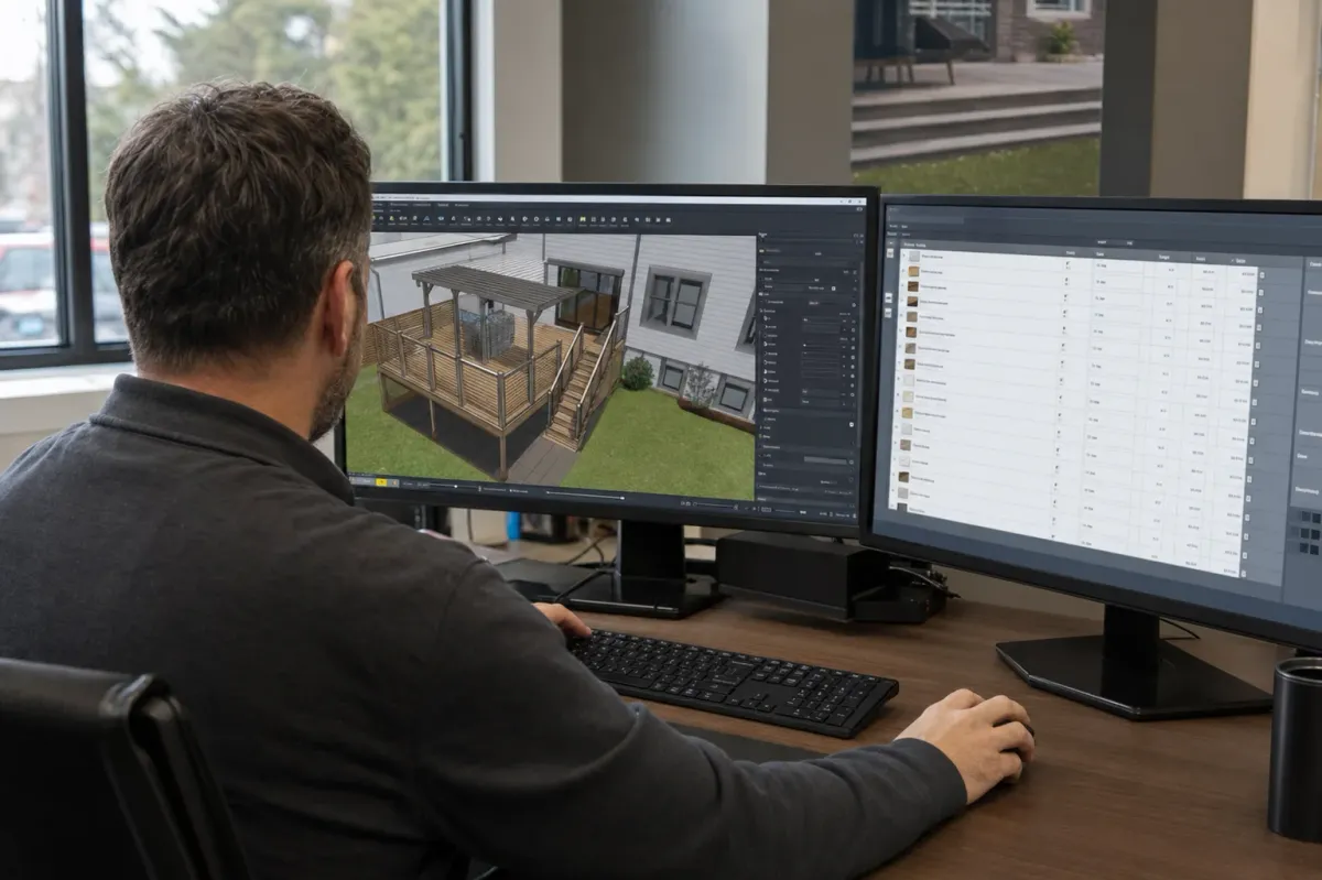 Illustration of a designer using a computer to review a 3D deck model and digital material estimate.