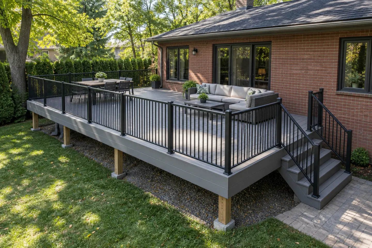 A spacious grey composite deck with dining and lounge areas, black guards and a side stair beside a brick house