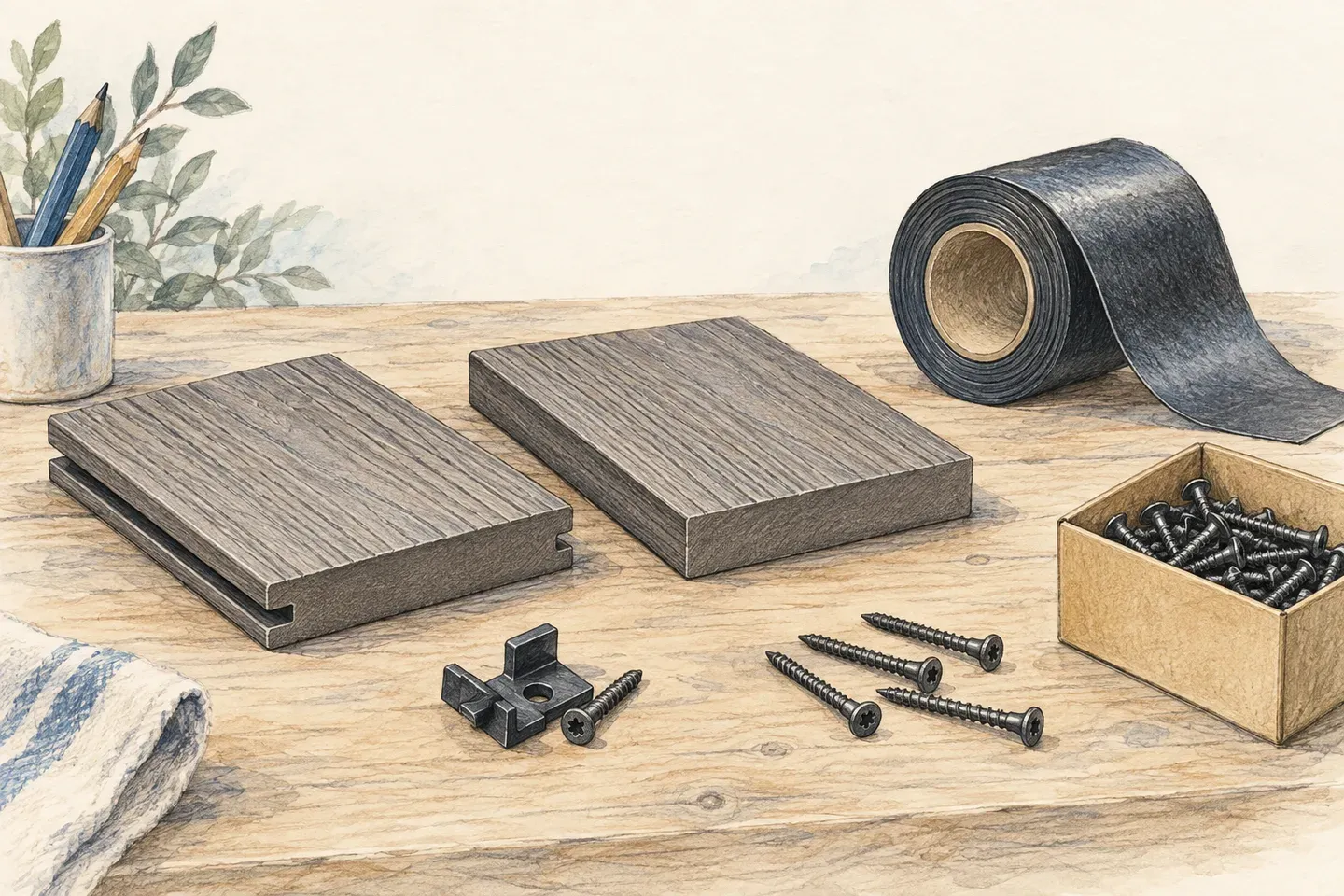 Pencil sketch of grooved and square-edge deck-board samples with loose clips, screws and joist tape