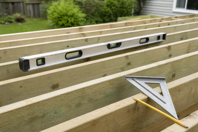Illustration of a spirit level and carpenter square resting across straight pressure-treated deck joists