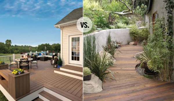 Ipe wood decking beside composite decking samples for comparison