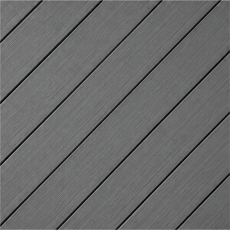 Close-up of grey PVC deck boards laid diagonally