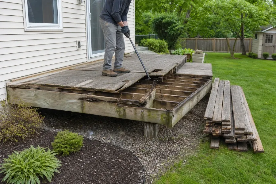 Worker dismantling an old wood deck with exposed framing