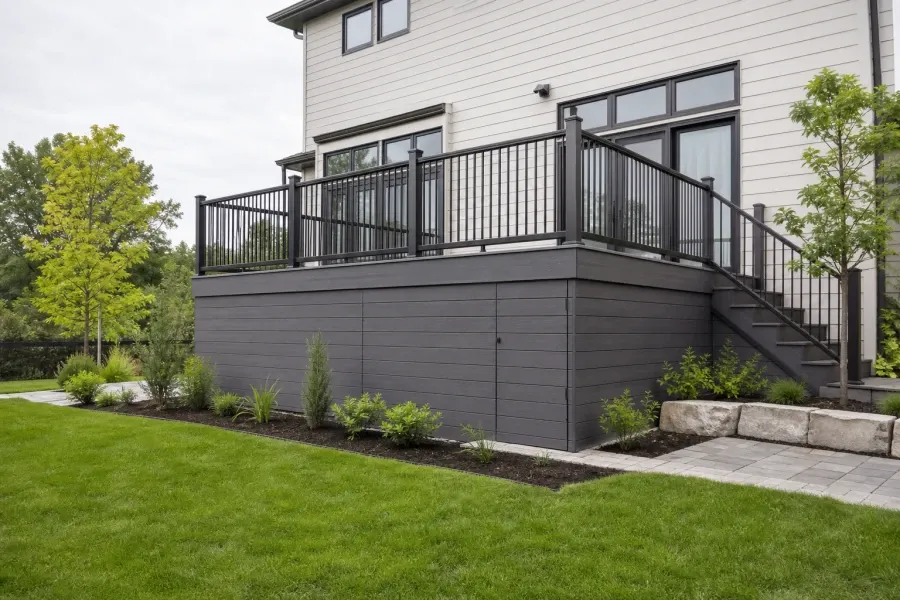 Horizontal composite skirting enclosing a raised deck base