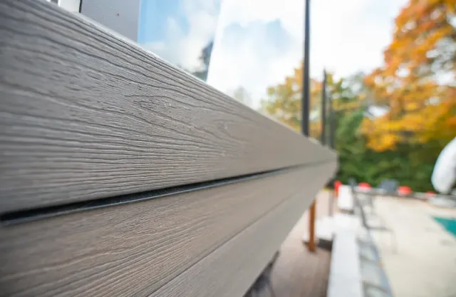 Close view of finished composite fascia boards on a real Ontario deck