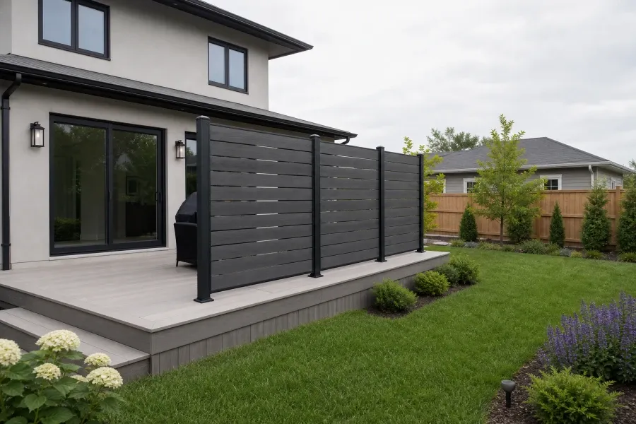 Charcoal composite privacy wall in a black aluminum frame