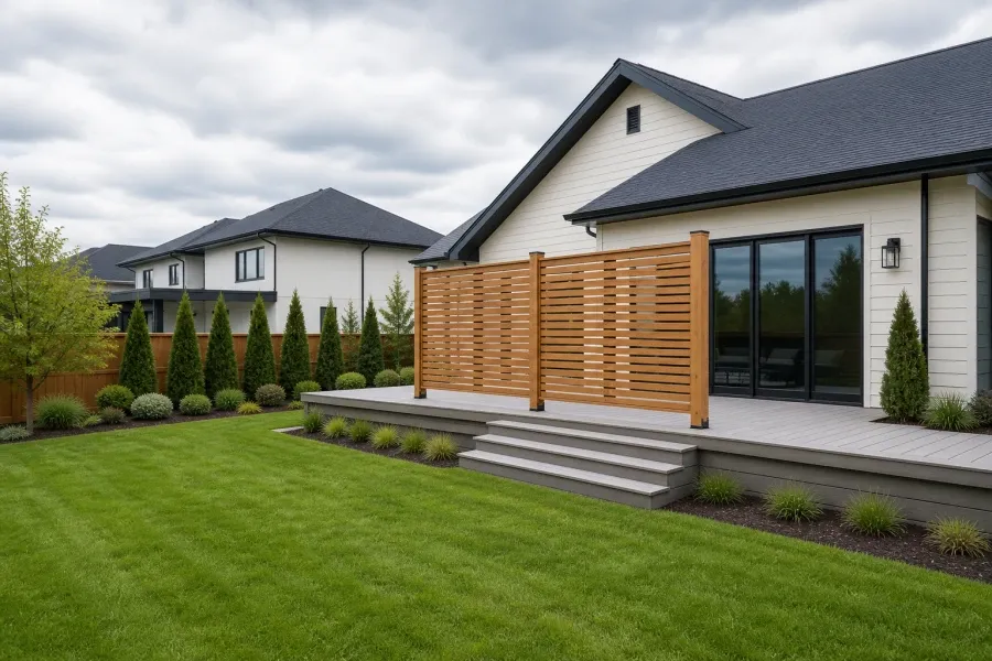 Full-height horizontal cedar privacy wall on a grey backyard deck