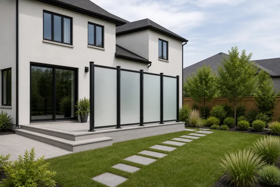 Frosted privacy glass panels held between black metal posts