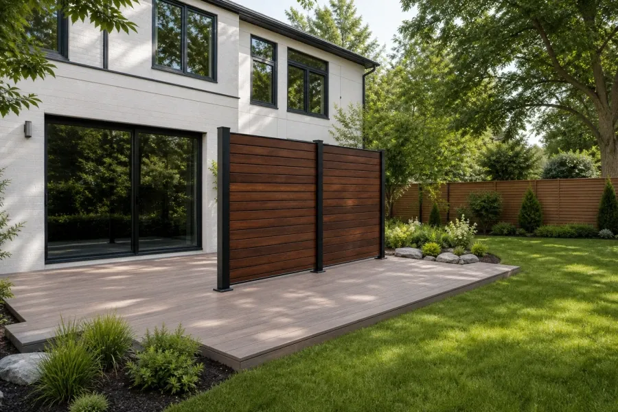 Rich brown PVC or Ipe privacy wall between black posts