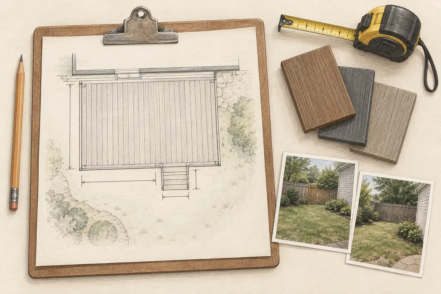 Pencil sketch of a deck layout on a clipboard, a tape measure, board samples and backyard photos