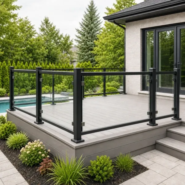 Black aluminum and glass railing overlooking a backyard pool