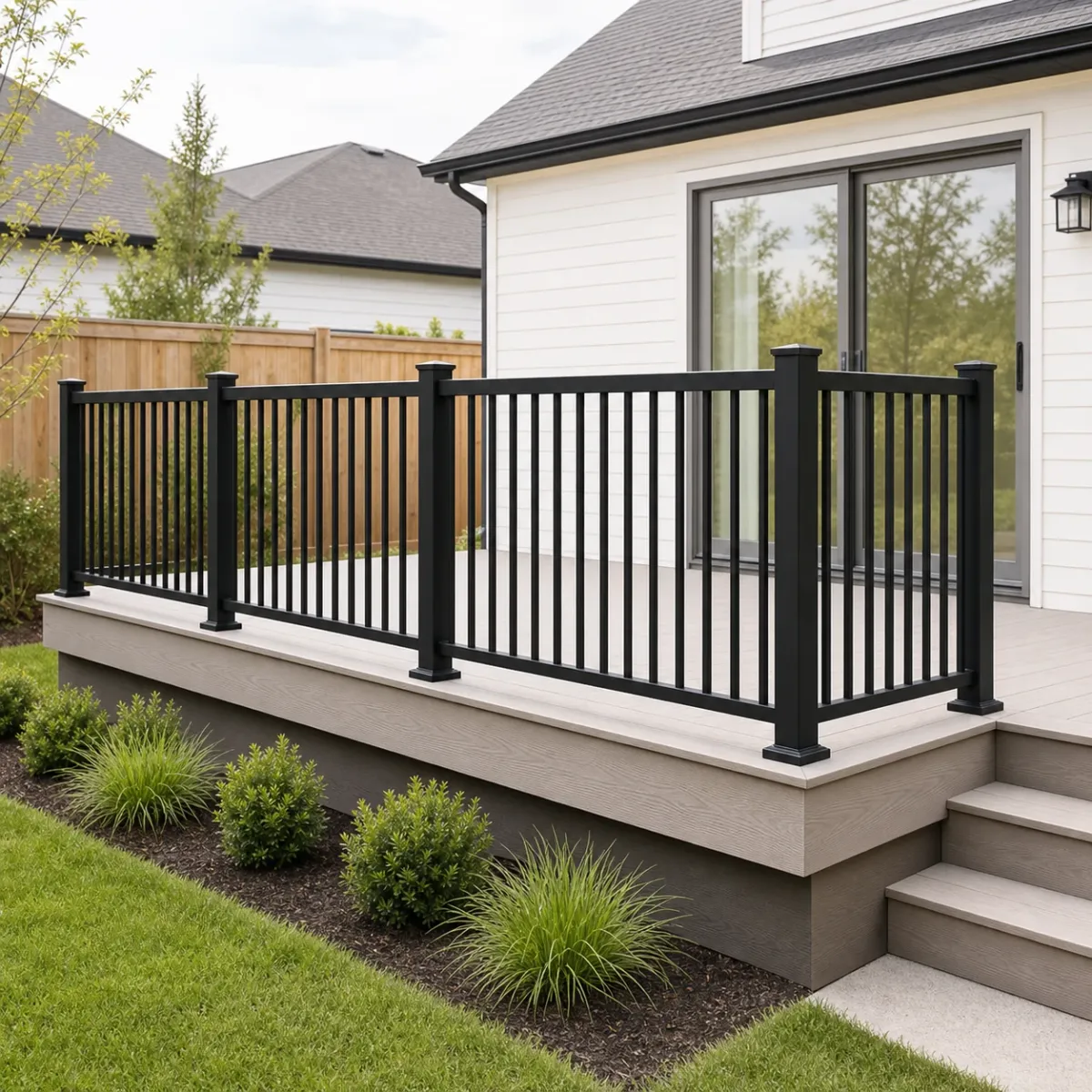 Black aluminum picket railing on a bright Ontario backyard deck