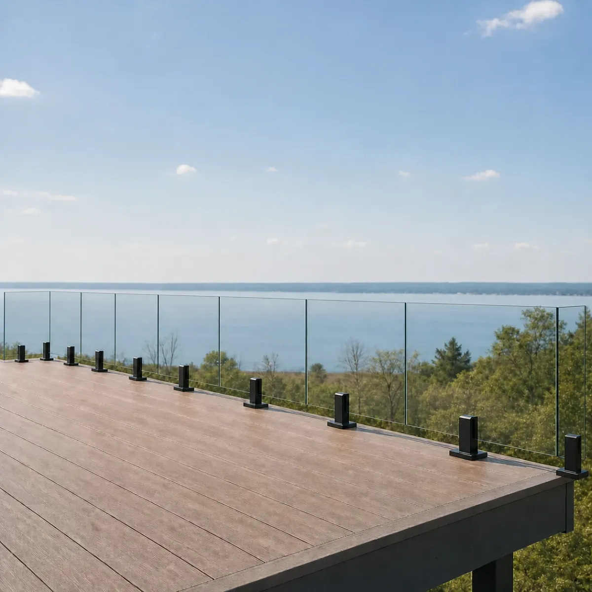 Frameless glass railing overlooking a natural Ontario lake