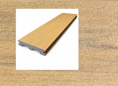 3Peaks Composite decking in Kawartha Cedar — board close-up beside a finished deck