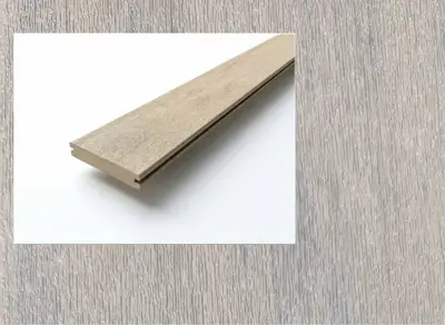 3Peaks PVC decking in White Oak — board close-up beside a finished deck
