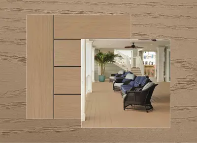 Azek Harvest decking in Brownstone — board close-up beside a finished deck