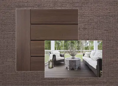 Azek Landmark decking in American Walnut — board close-up beside a finished deck