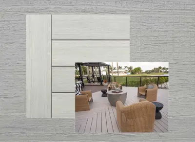 Azek Landmark decking in Boardwalk — board close-up beside a finished deck