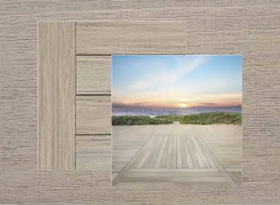 Azek Landmark decking in French White Oak — board close-up beside a finished deck