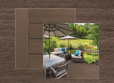 Azek Vintage decking in English Walnut — board close-up beside a finished deck
