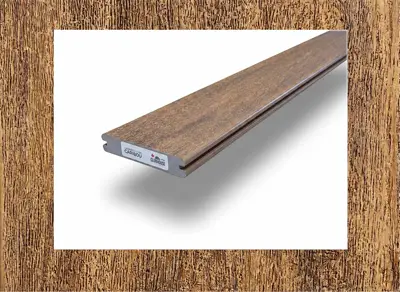 Clubhouse PVC Aurora decking in Caribou — board close-up beside a finished deck