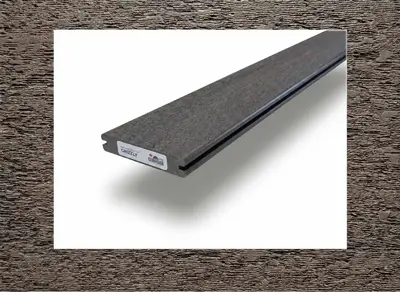 Clubhouse PVC Aurora decking in Grizzly — board close-up beside a finished deck