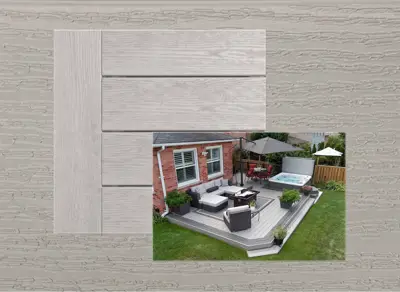 Clubhouse PVC decking in Brookstone — board close-up beside a finished deck