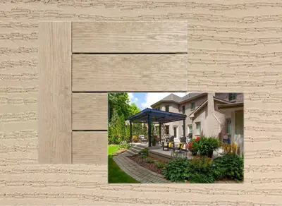 Clubhouse PVC decking in Clay — board close-up beside a finished deck
