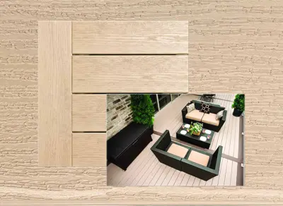 Clubhouse PVC decking in Cobblestone — board close-up beside a finished deck
