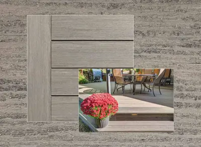Clubhouse PVC decking in Hickory — board close-up beside a finished deck