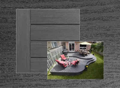 Clubhouse PVC decking in Ironwood — board close-up beside a finished deck