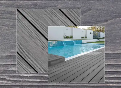 Eva-Last Apex Plus decking in Alaskan Driftwood — board close-up beside a finished deck
