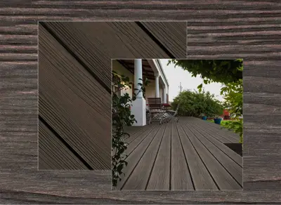 Eva-Last Apex Plus decking in Brazilian Teak — board close-up beside a finished deck