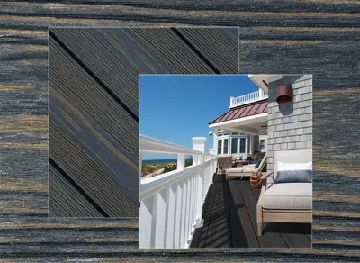 Eva-Last Apex Plus decking in Carbonized Osage — board close-up beside a finished deck