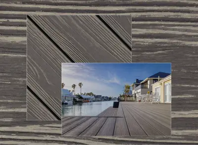 Eva-Last Apex Plus decking in Grey Slate — board close-up beside a finished deck