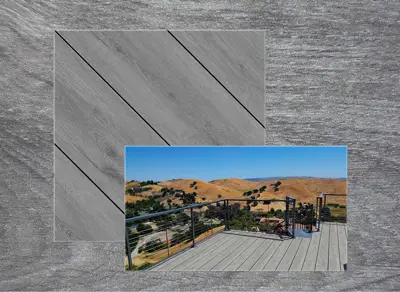 Eva-Last Pioneer decking in Weathered Ash — board close-up beside a finished deck
