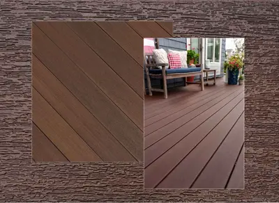 Fiberon Concordia decking in Burnt Umber — board close-up beside a finished deck