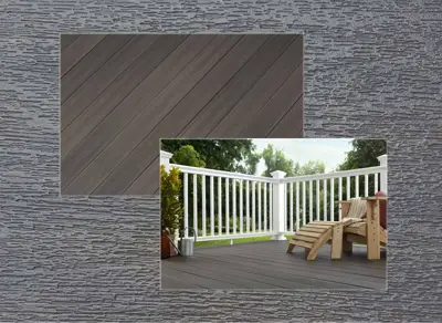 Fiberon Concordia decking in Graphite — board close-up beside a finished deck