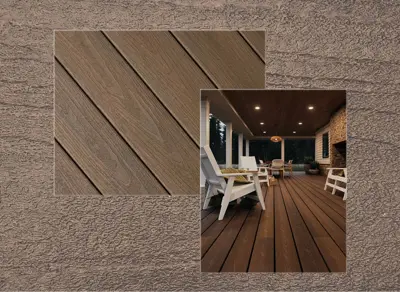 Fiberon Concordia decking in Mountain Ash — board close-up beside a finished deck