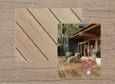 Fiberon Concordia decking in Prairie Wheat — board close-up beside a finished deck