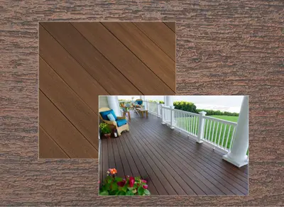 Fiberon Concordia decking in Warm Sienna — board close-up beside a finished deck