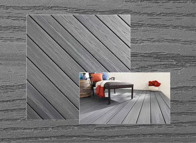 Fiberon GoodLife Escapes decking in Beach House — board close-up beside a finished deck
