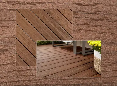 Fiberon GoodLife Escapes decking in Bungalow — board close-up beside a finished deck