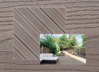 Fiberon GoodLife Escapes decking in Cabana — board close-up beside a finished deck
