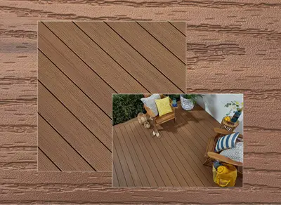 Fiberon GoodLife Escapes decking in Tuscan Villa — board close-up beside a finished deck