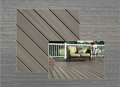 Fiberon Paramount decking in Sandstone — board close-up beside a finished deck