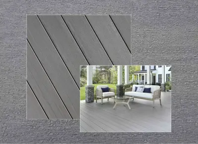 Fiberon Promenade decking in Moonlit Cove — board close-up beside a finished deck
