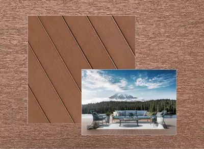 Fiberon Promenade decking in Natural Reef — board close-up beside a finished deck